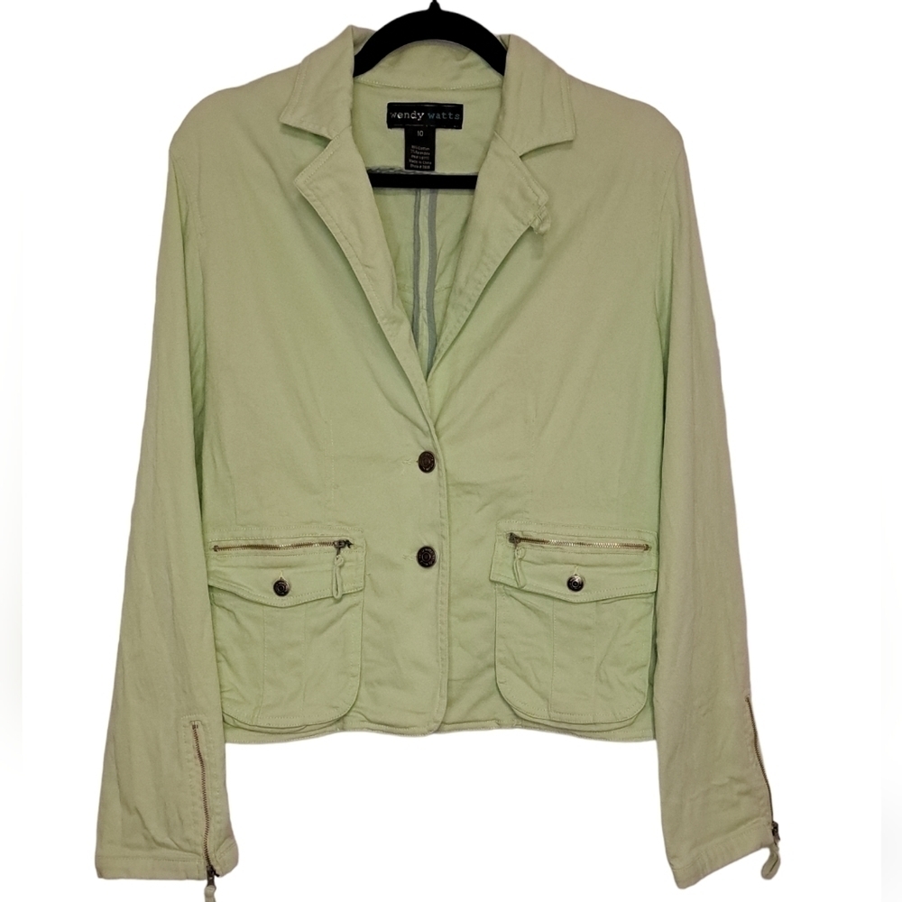 WENDY WATTS - EUC - Y2K - Cotton Jacket - Zippers - Light Green - Size 10